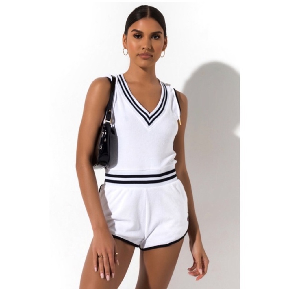 Champion Life Terry White/Black Sporty Romper Jumpsuit Hoodie Romper NWT
